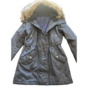 J.Crew Womens Faux Fur Hooded Parka Jacket Black Quilted Lined XS Winter Coat